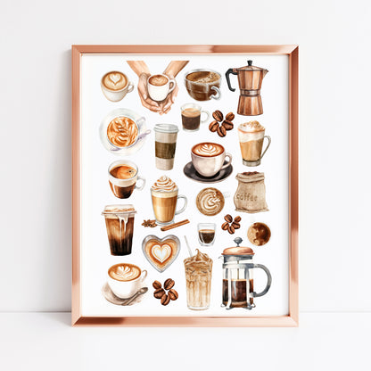 Coffee Print Watercolour coffee mood board Kitchen unframed Wall Art