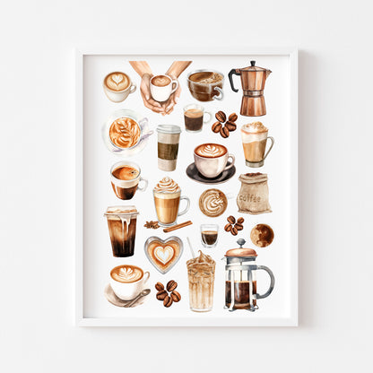 Coffee Print Watercolour coffee mood board Kitchen unframed Wall Art