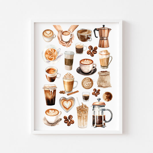 Coffee Print Watercolour coffee mood board Kitchen unframed Wall Art