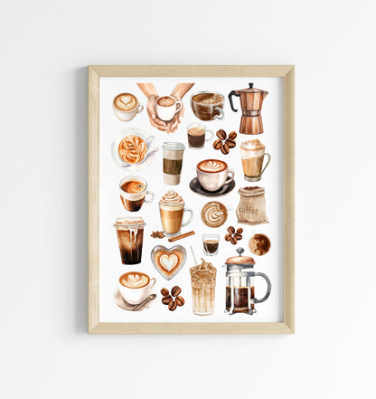 Coffee Print Watercolour coffee mood board Kitchen unframed Wall Art