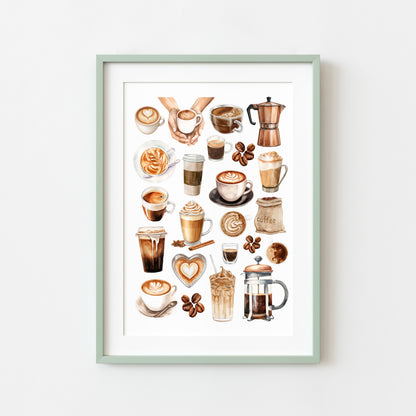 Coffee Print Watercolour coffee mood board Kitchen unframed Wall Art