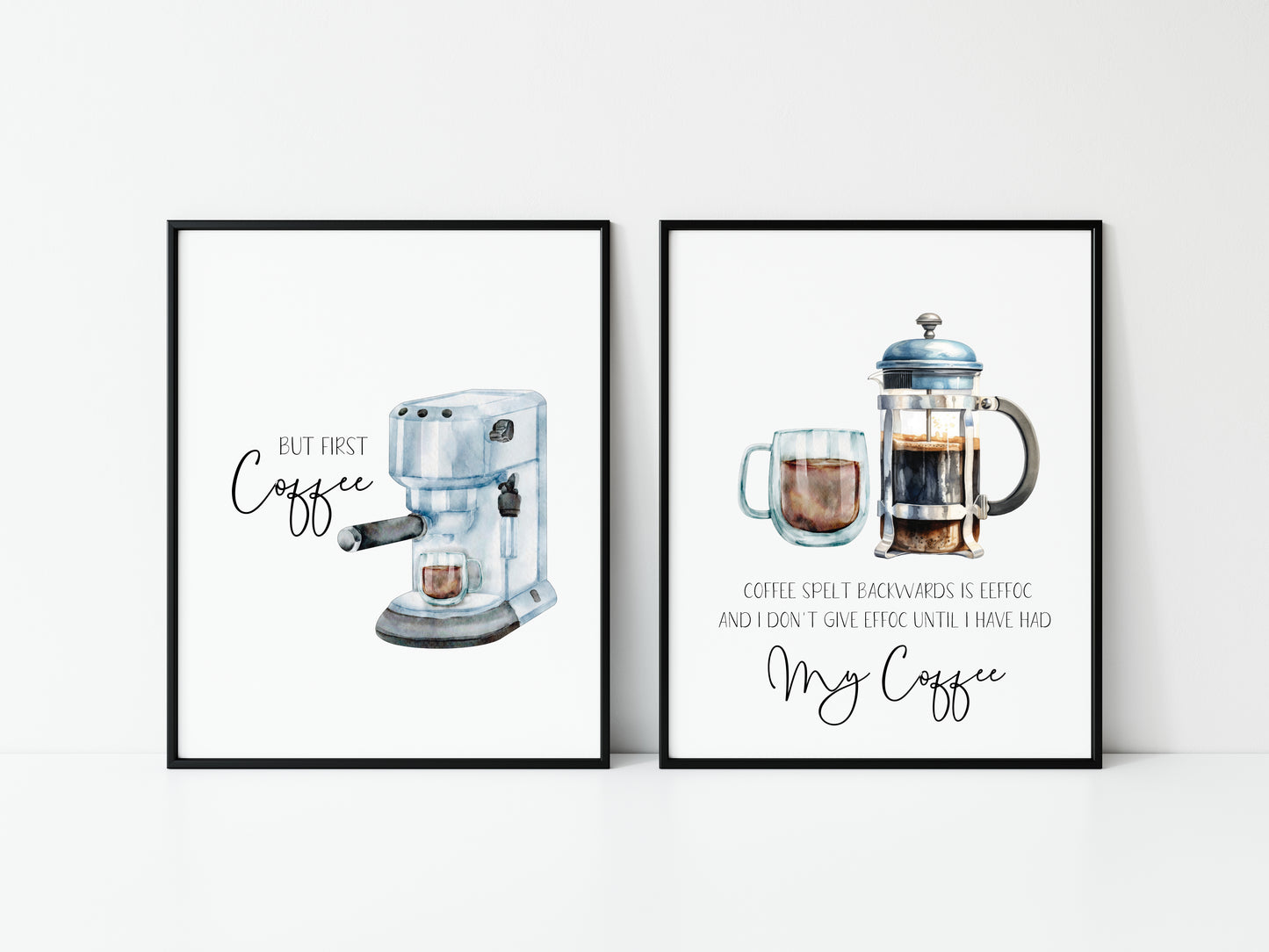 Set of 2 kitchen coffee quote funny signs watercolour illustration unframed wall art poster prints