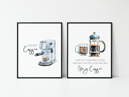 Set of 2 kitchen coffee quote funny signs watercolour illustration unframed wall art poster prints