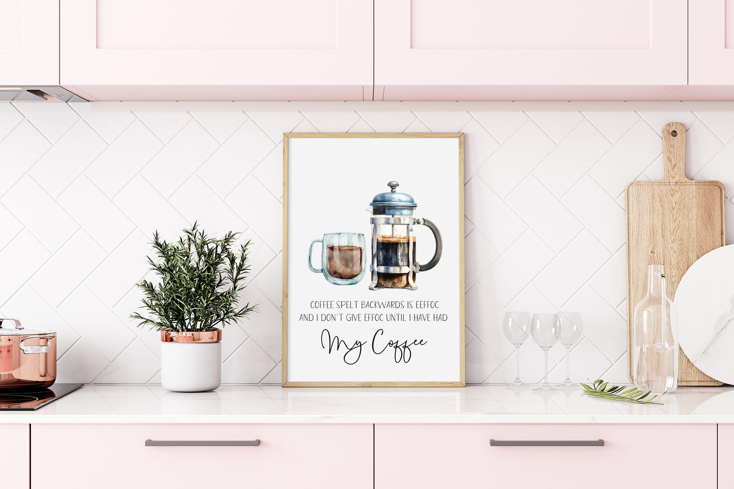 Coffee spelt backwards is EEFFOC and I don't give EEFFOC until I've had my coffee kitchen watercolour funny illustration unframed wall art poster print