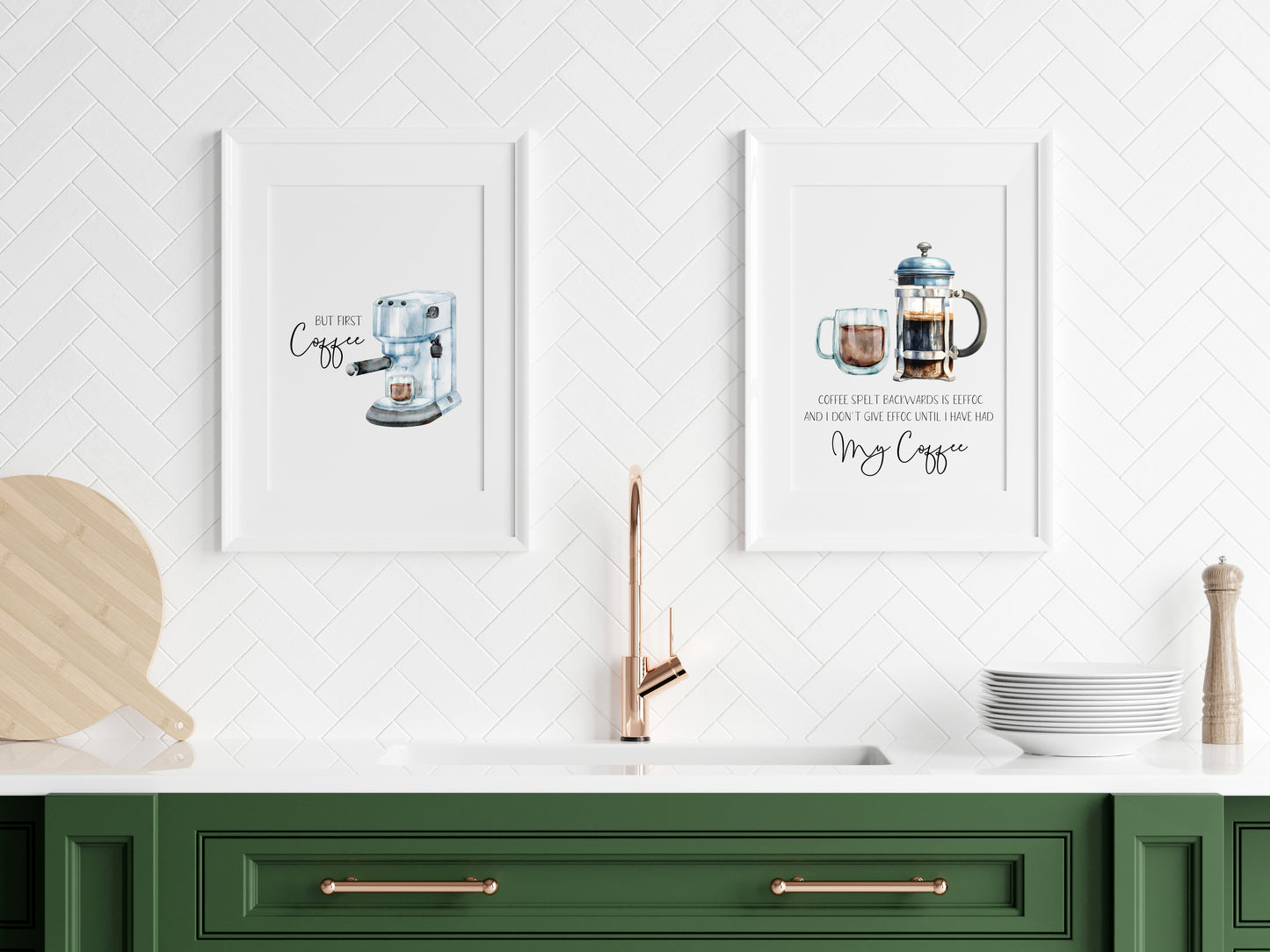 Set of 2 kitchen coffee quote funny signs watercolour illustration unframed wall art poster prints