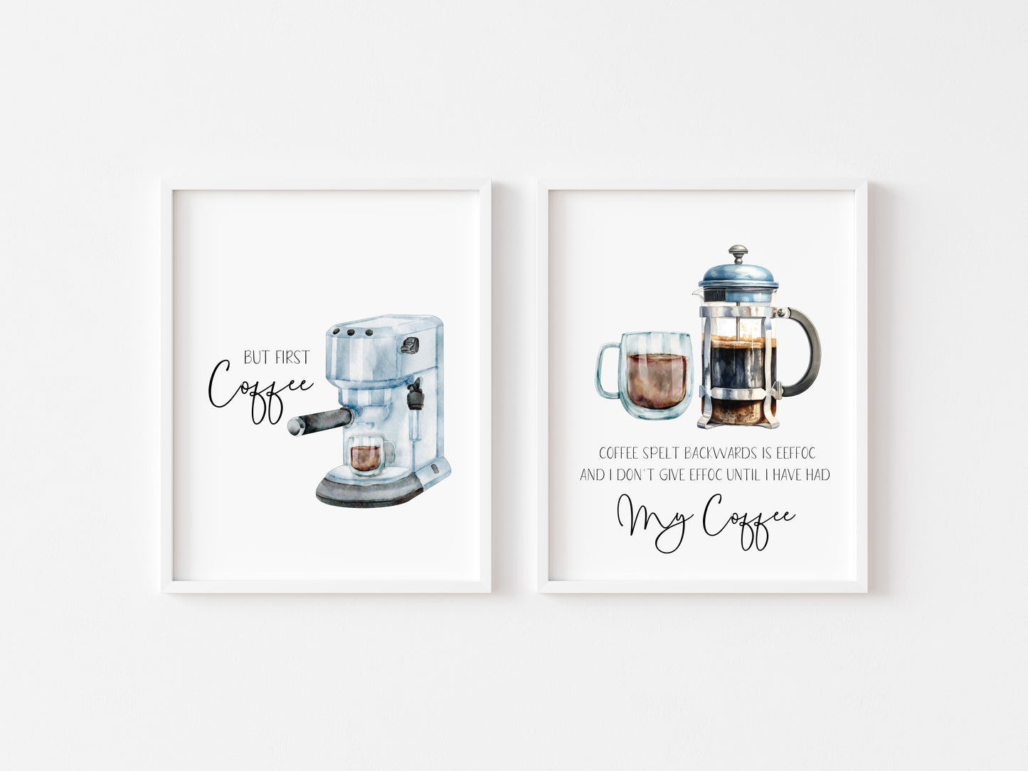 Set of 2 kitchen coffee quote funny signs watercolour illustration unframed wall art poster prints