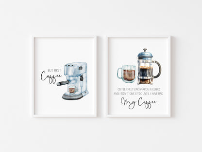 Set of 2 kitchen coffee quote funny signs watercolour illustration unframed wall art poster prints