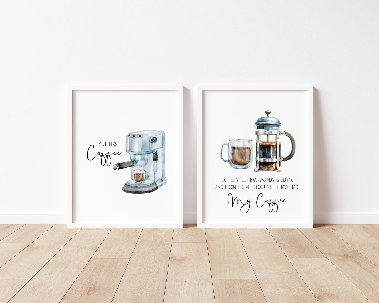 Set of 2 kitchen coffee quote funny signs watercolour illustration unframed wall art poster prints