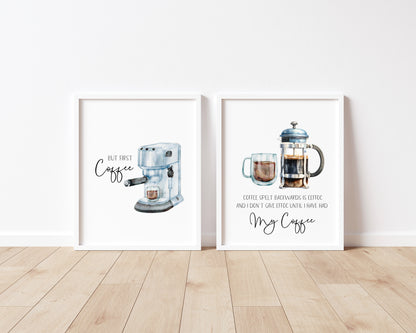 Set of 2 kitchen coffee quote funny signs watercolour illustration unframed wall art poster prints