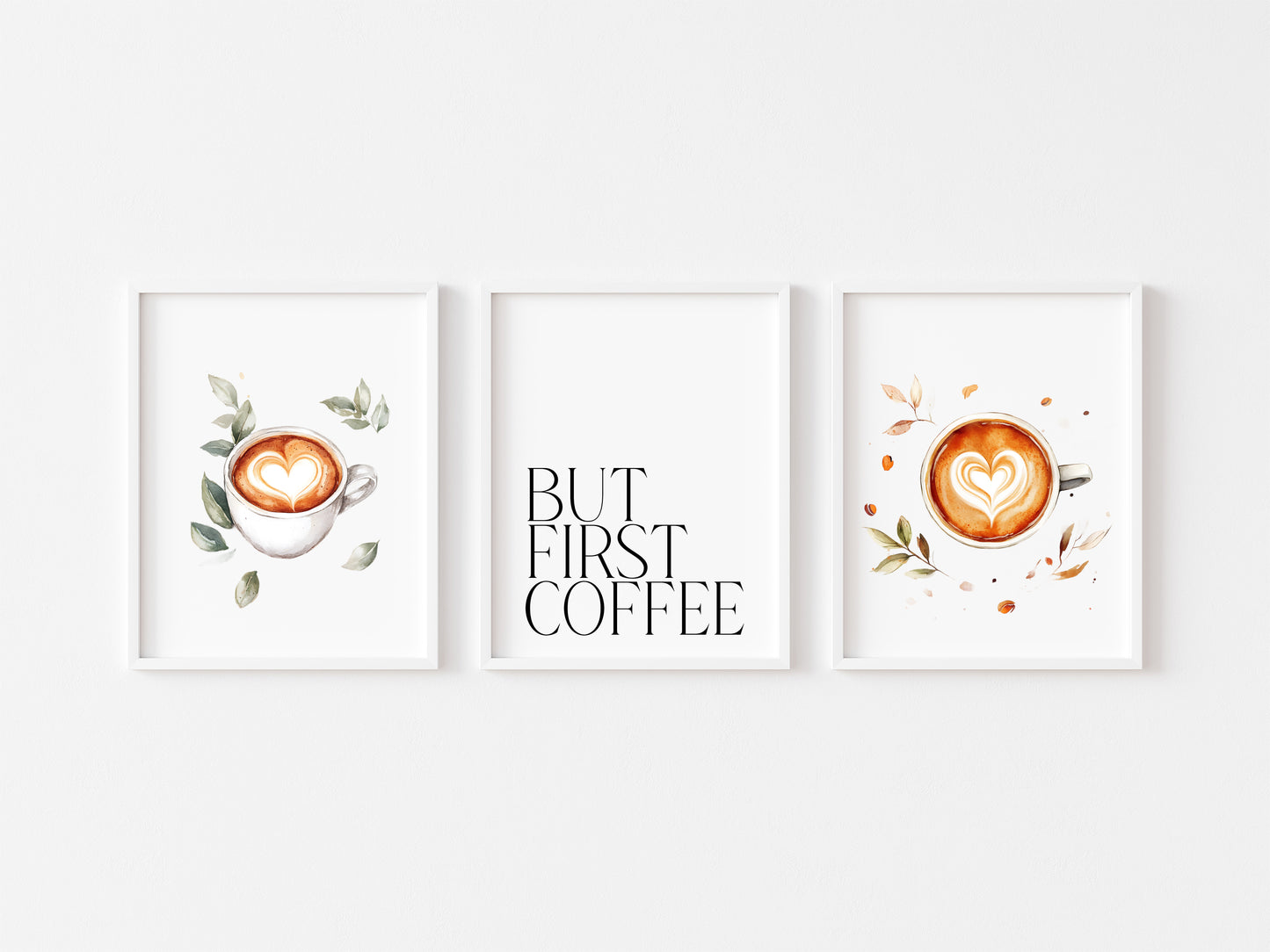 Set of 3 coffee prints, but first coffee watercolour botanical coffee pics kitchen bedroom office unframed wall art poster prints coffee art