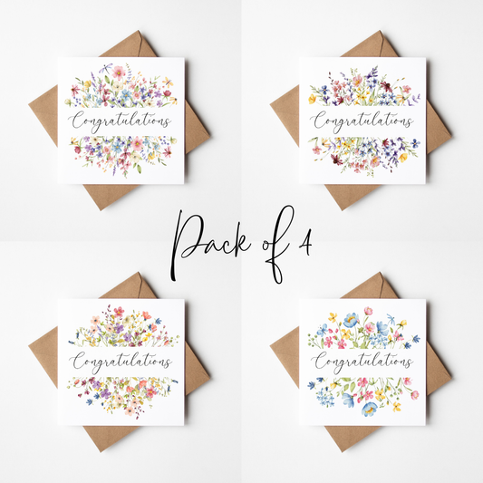 Floral Congratulations Cards Pack of 4 – Wildflower Greeting Card Set with envelopes