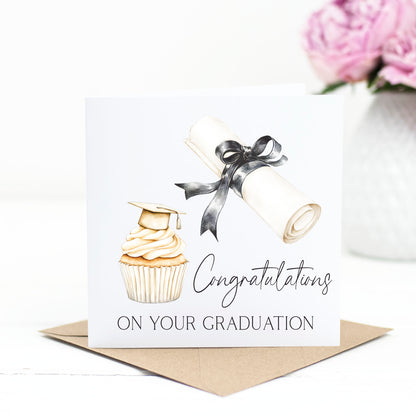 Graduation card congratulations on your graduation cupcake hat black bow certificate graduation card congrats grad card with envelope