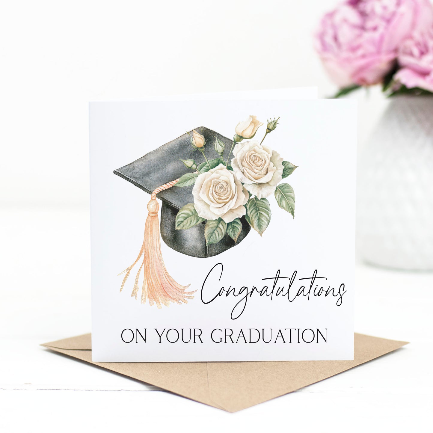 Graduation card, congratulations on your graduation floral roses graduation cap pretty graduation card congrats grad card with envelope