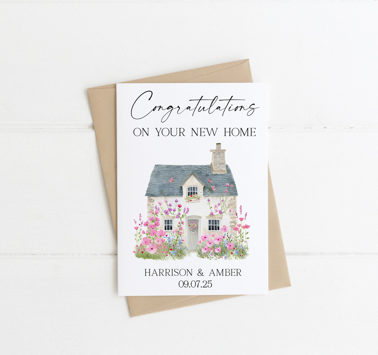 Congratulations on your new home card watercolour home pink floral cottage personalised with names & date, envelope,kraft brown or white