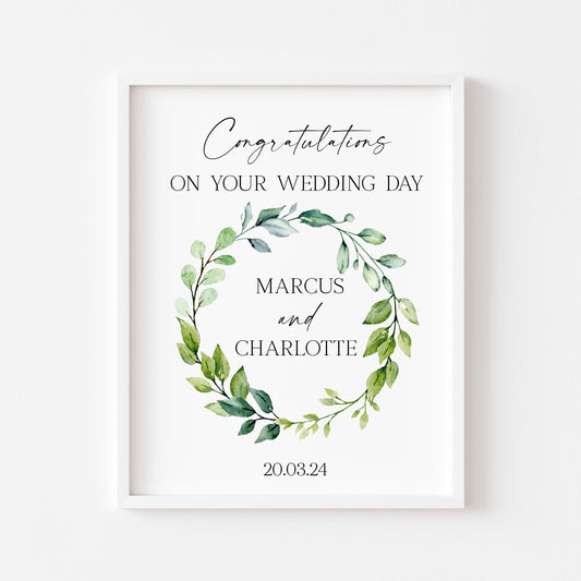 Congratulations on your wedding day, personalised with names & date green wreath watercolour unframed print