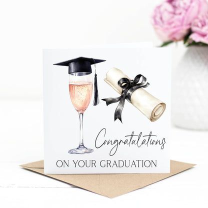 Graduation card,congratulations on your graduation Rose wine glass topped graduation cap & certificate card congrats grad card with envelope