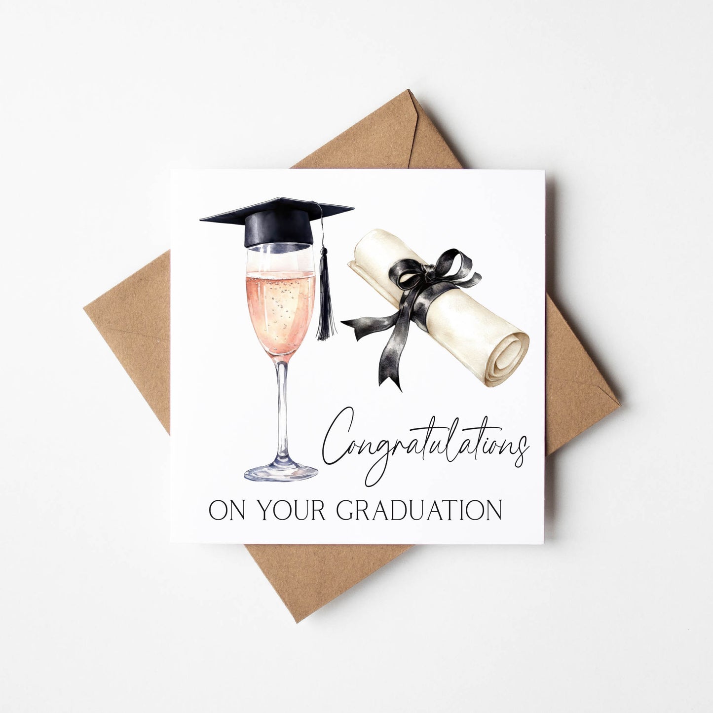 Graduation card,congratulations on your graduation Rose wine glass topped graduation cap & certificate card congrats grad card with envelope