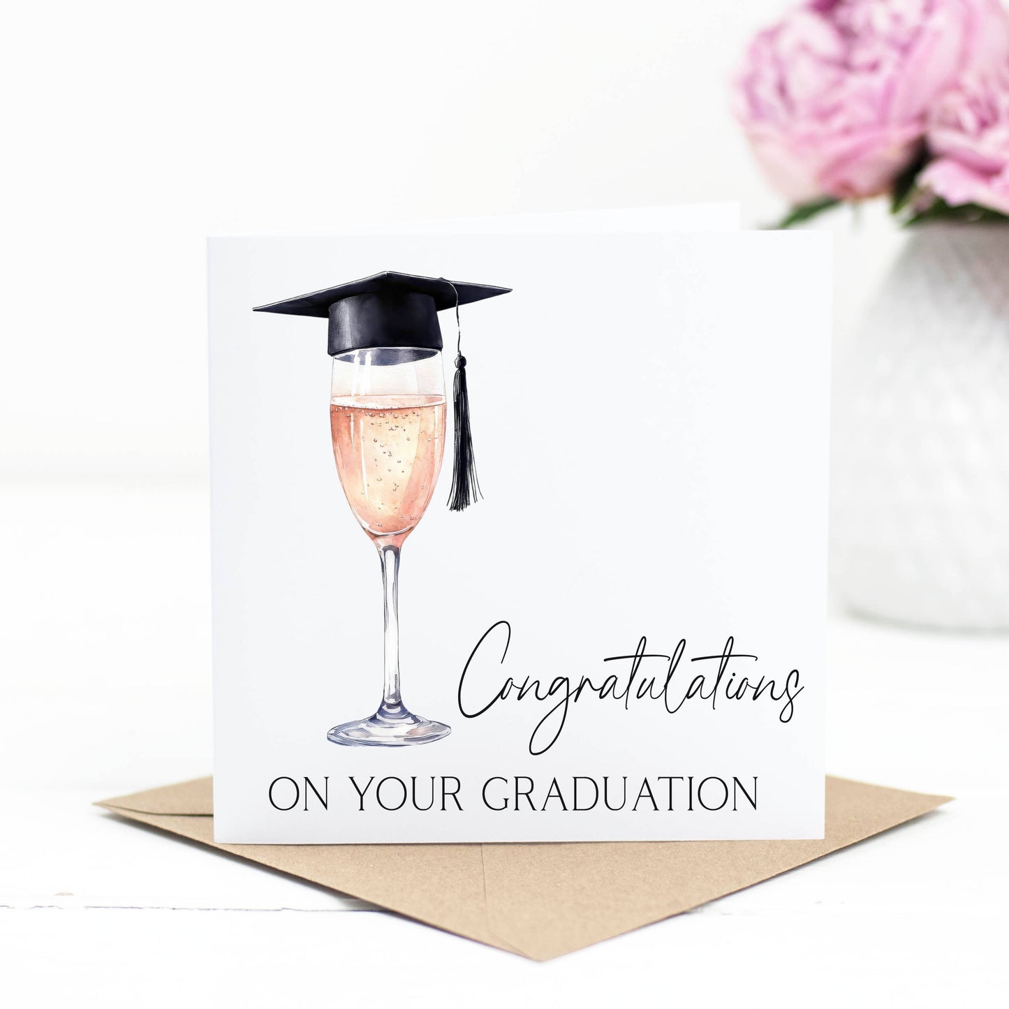 Graduation card, congratulations on your graduation Rose wine glass topped graduation cap graduation card congrats grad card with envelope