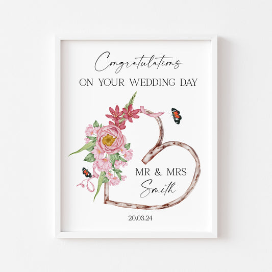 Congratulations on your wedding day, personalised beautiful heart butterfly Mr & Mrs watercolour unframed print