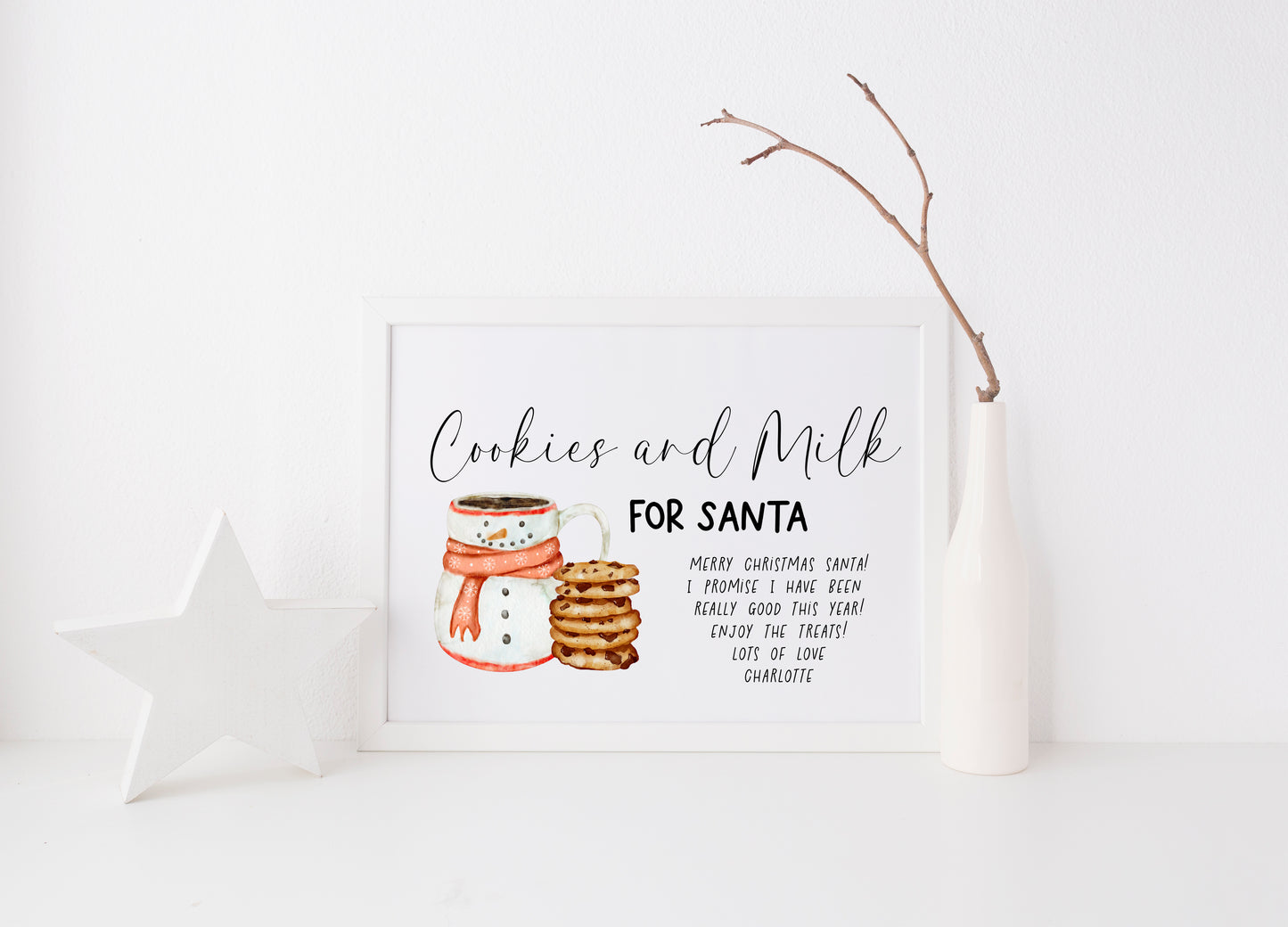 Personalised Cookies & Milk for Santa, Christmas Eve treat sign for kids the night before Christmas unframed wall art poster print