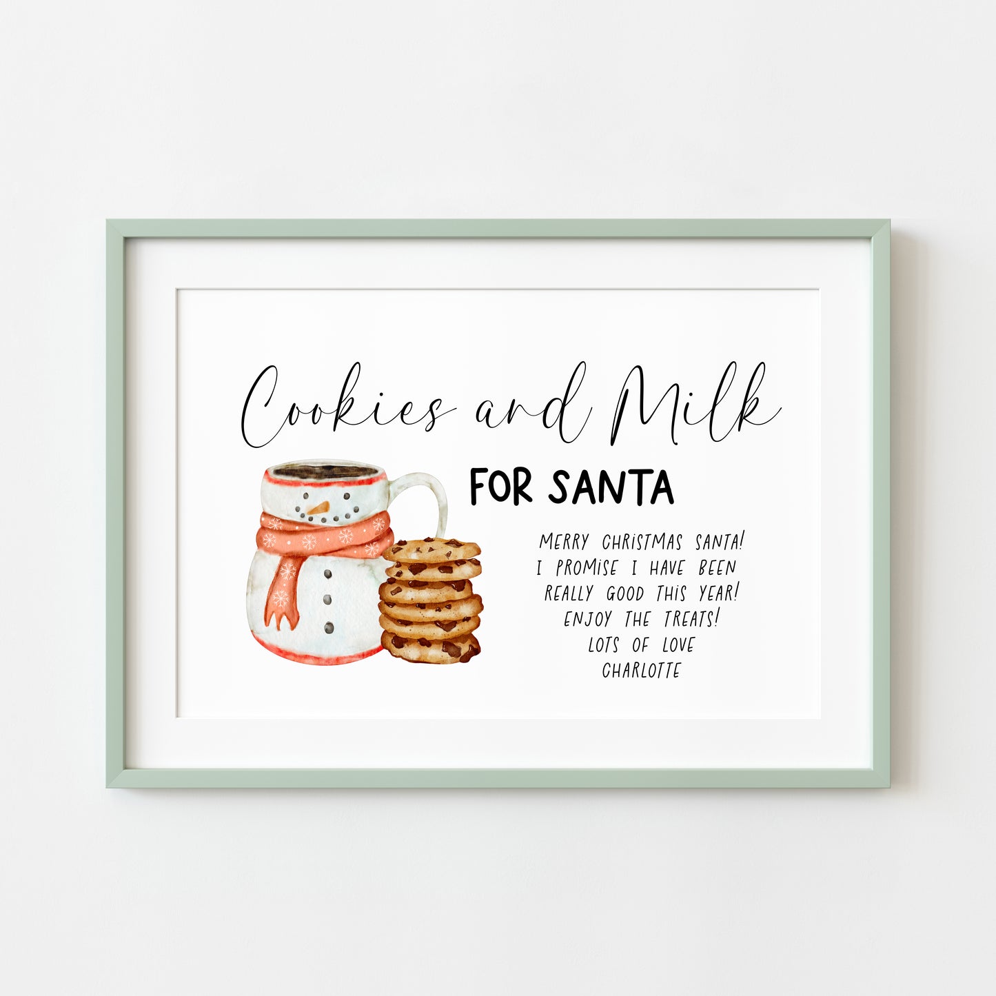 Personalised Cookies & Milk for Santa, Christmas Eve treat sign for kids the night before Christmas unframed wall art poster print