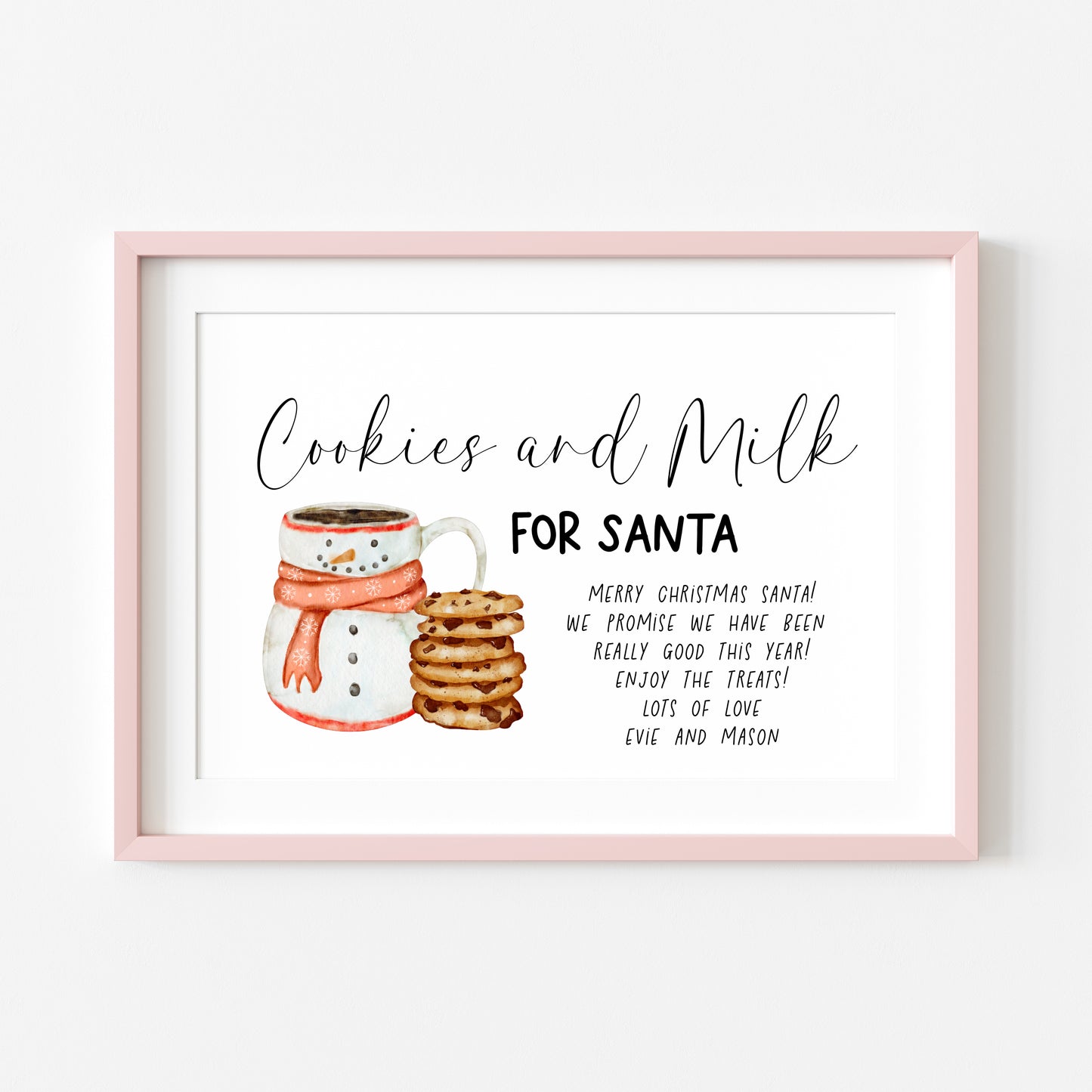 Personalised Cookies & Milk for Santa, Christmas Eve treat sign for kids the night before Christmas unframed wall art poster print