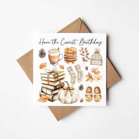 Birthday card, Autumn fall cosy October themed birthday card pumpkin acorns coffee books fall seasonal unique birthday card with envelope