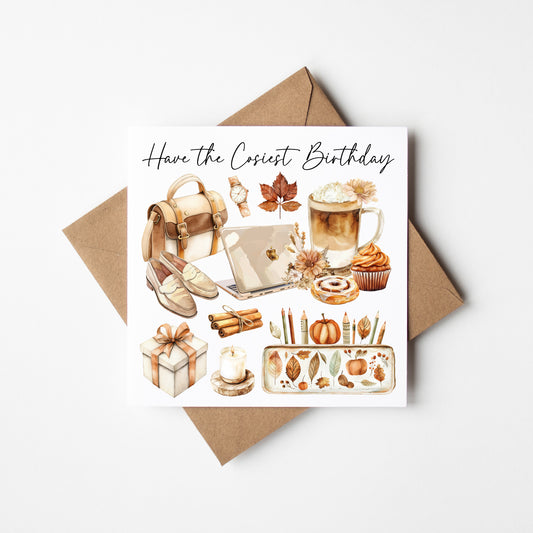 Cosy Autumn Birthday Card Pumpkin, Laptop fashion & Treats seasonal birthday card with envelope