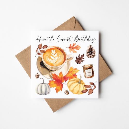 Birthday card, Autumn fall cosy October themed birthday card pumpkin acorns coffee autumnal fall seasonal unique birthday card with envelope