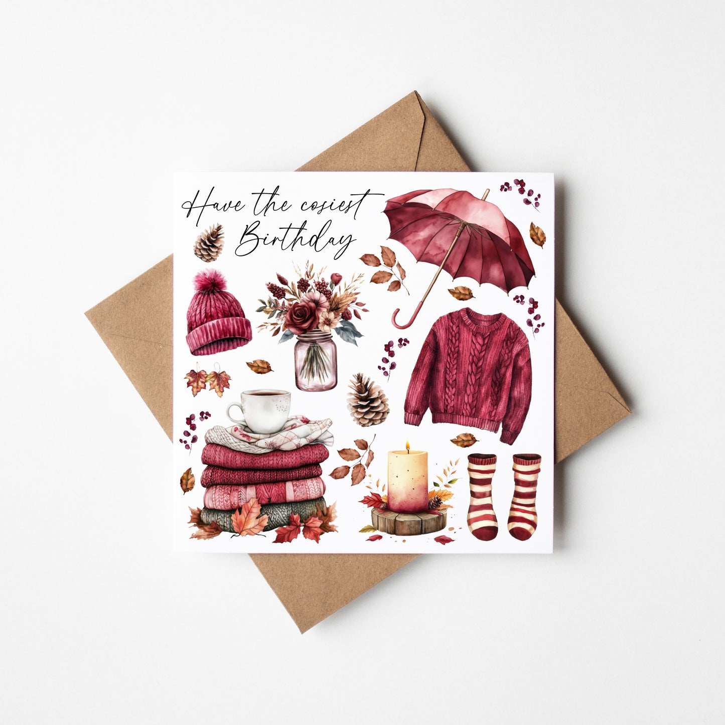 Autumn Birthday Card Pumpkin, Acorns, Tea Burgundy Cosy Fall Theme card with envelope