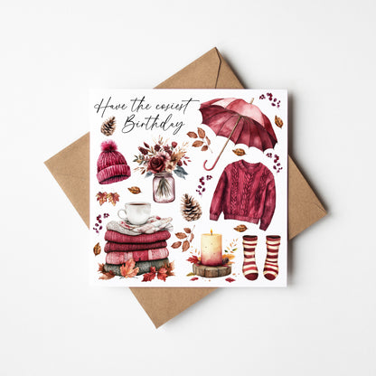 Autumn Birthday Card Pumpkin, Acorns, Tea Burgundy Cosy Fall Theme card with envelope