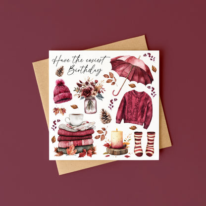 Autumn Birthday Card Pumpkin, Acorns, Tea Burgundy Cosy Fall Theme card with envelope