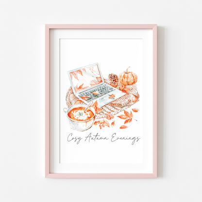 Cosy Autumn evenings throw laptop series soup warm cosy autumn seasonal unframed wall art poster print