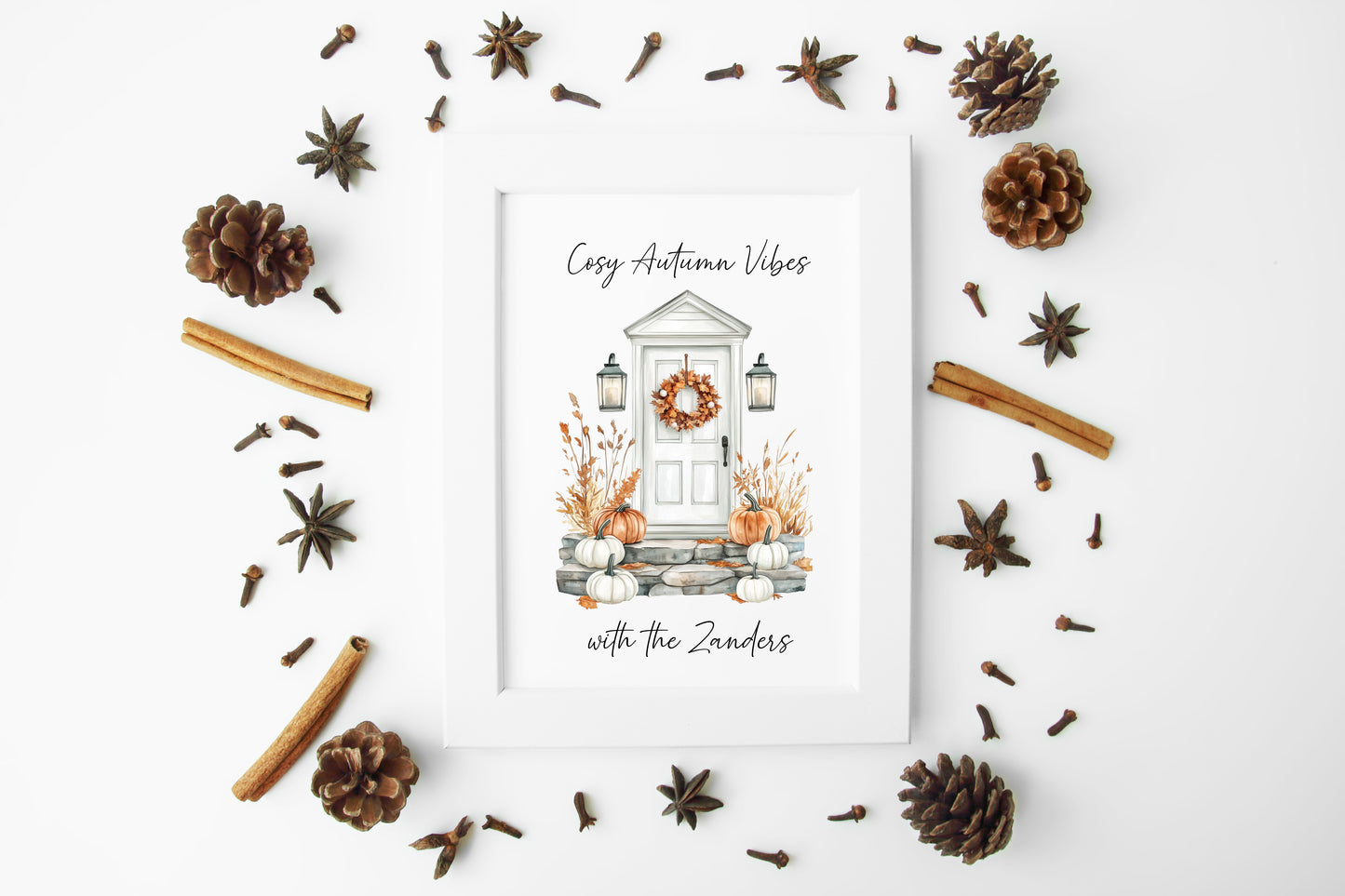 Autumn print, Cosy Autumn vibes with personalised family name Autumn unframed wall art poster print, autumn decor autumn home front door art