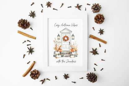 Autumn print, Cosy Autumn vibes with personalised family name Autumn unframed wall art poster print, autumn decor autumn home front door art