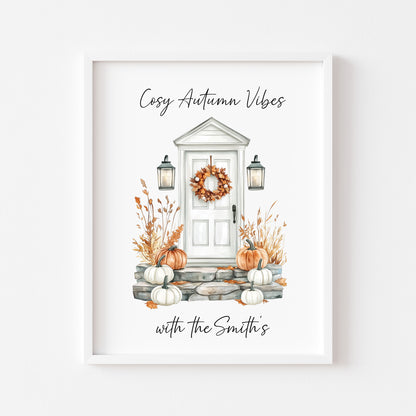 Autumn print, Cosy Autumn vibes with personalised family name Autumn unframed wall art poster print, autumn decor autumn home front door art