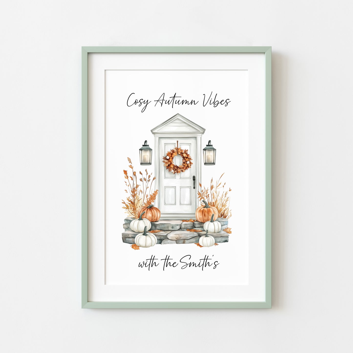 Autumn print, Cosy Autumn vibes with personalised family name Autumn unframed wall art poster print, autumn decor autumn home front door art