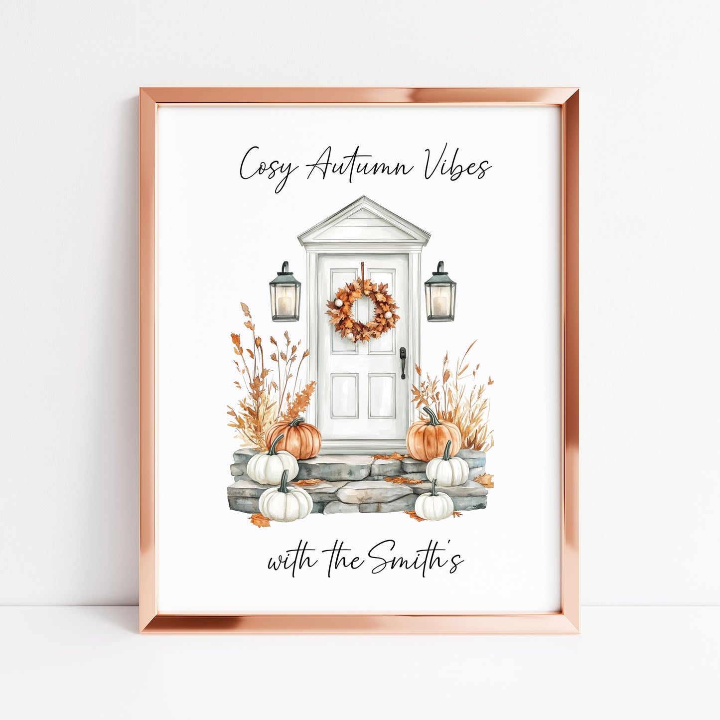 Autumn print, Cosy Autumn vibes with personalised family name Autumn unframed wall art poster print, autumn decor autumn home front door art