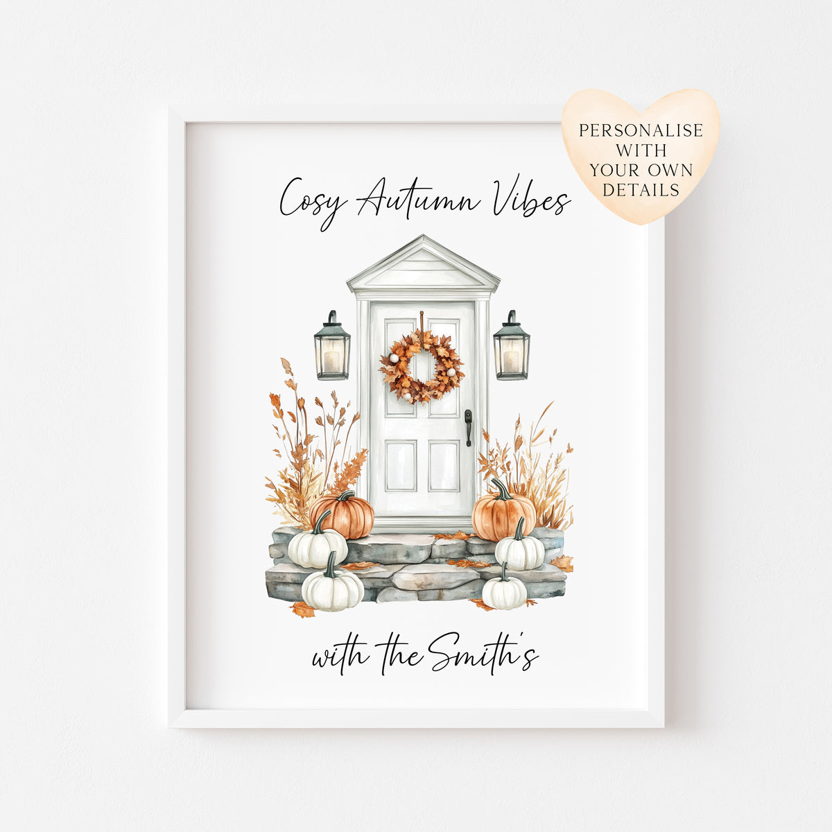 Autumn print, Cosy Autumn vibes with personalised family name Autumn unframed wall art poster print, autumn decor autumn home front door art