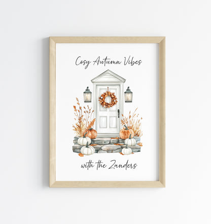Autumn print, Cosy Autumn vibes with personalised family name Autumn unframed wall art poster print, autumn decor autumn home front door art