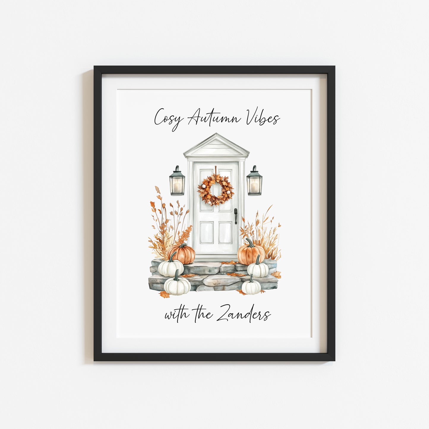 Autumn print, Cosy Autumn vibes with personalised family name Autumn unframed wall art poster print, autumn decor autumn home front door art