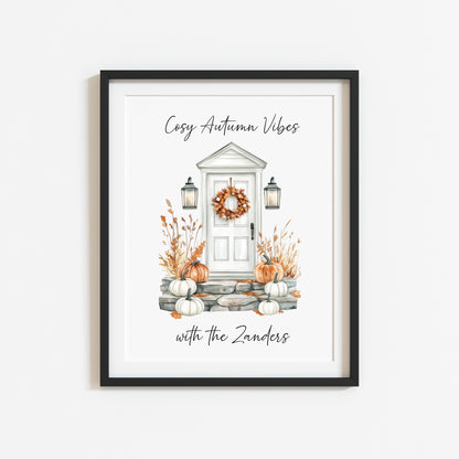 Autumn print, Cosy Autumn vibes with personalised family name Autumn unframed wall art poster print, autumn decor autumn home front door art