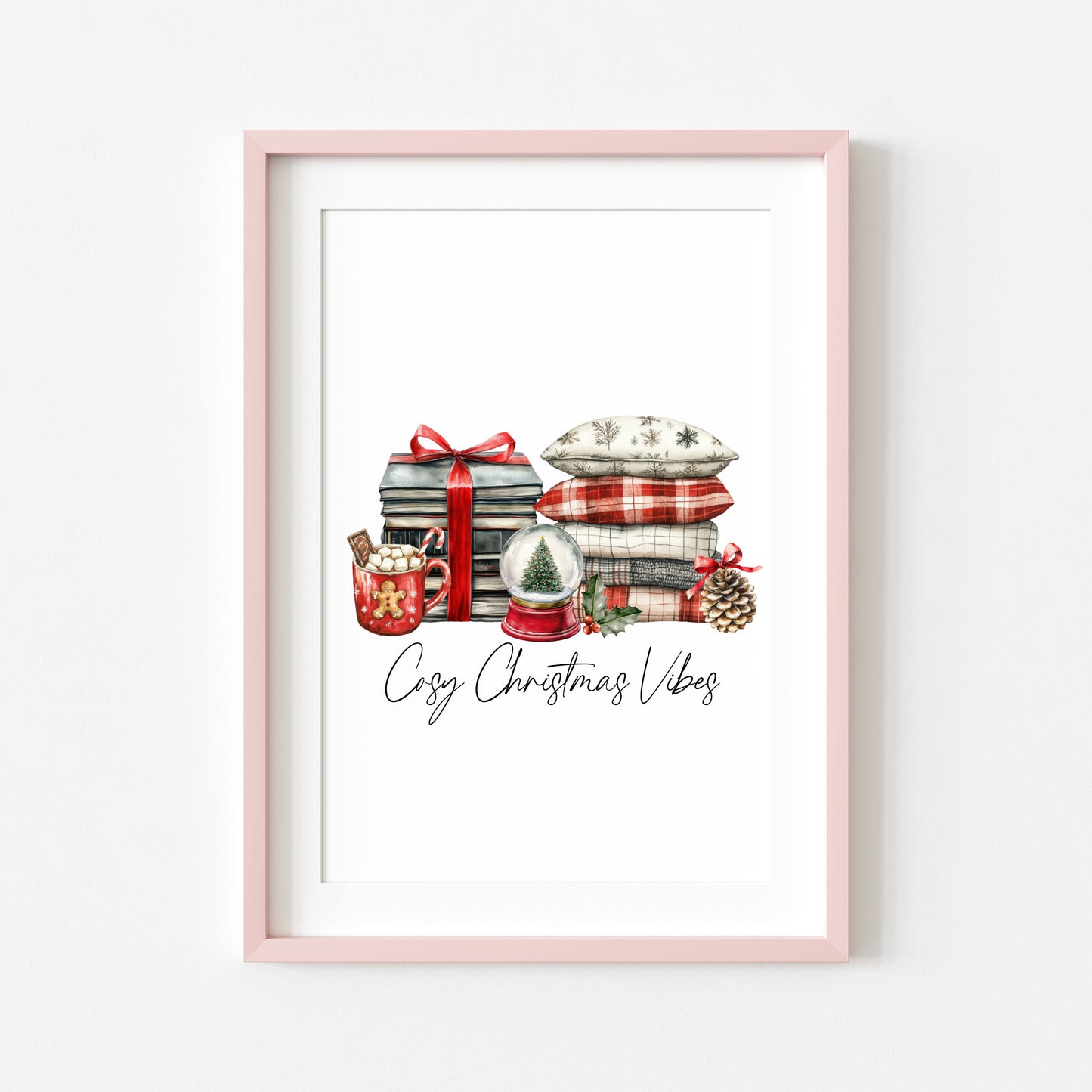 Christmas Print Cosy season Red Black & Green watercolour Wall Art (unframed)
