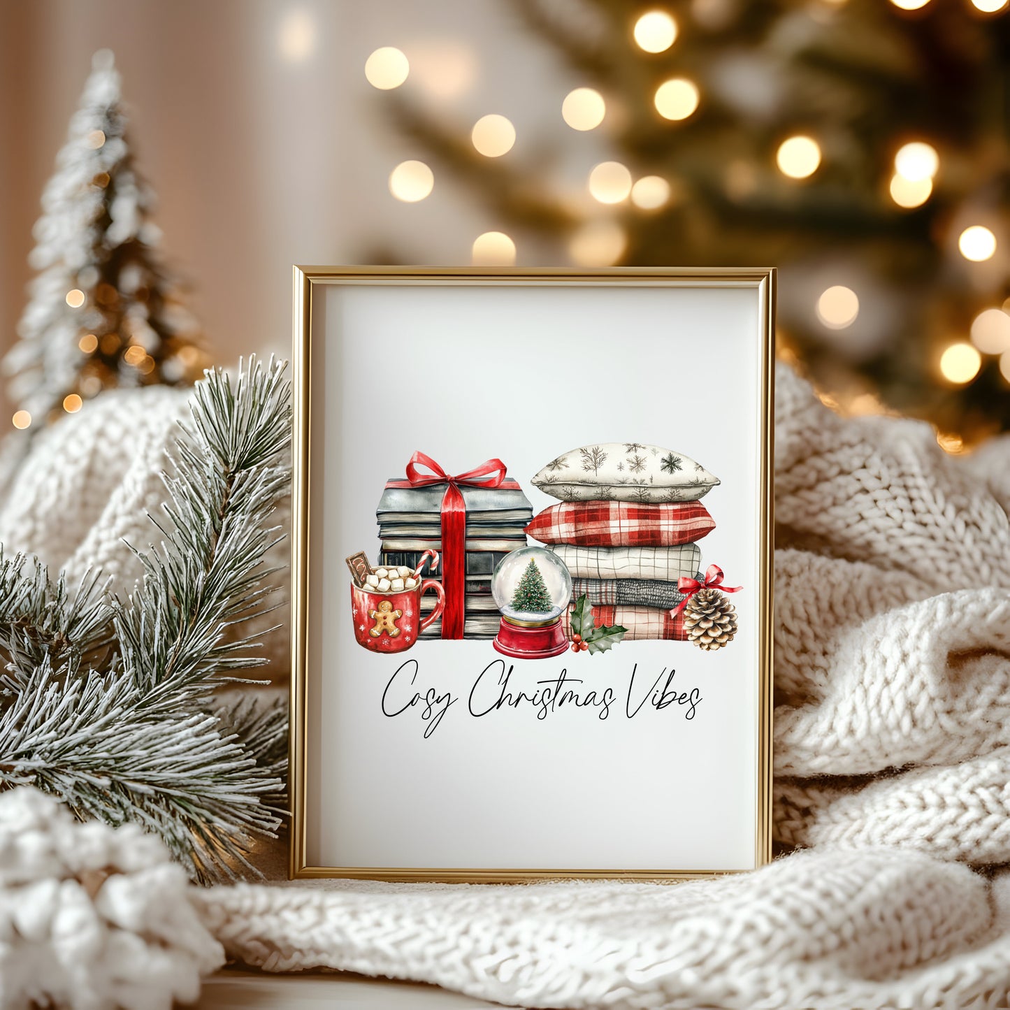 Christmas Print Cosy season Red Black & Green watercolour Wall Art (unframed)