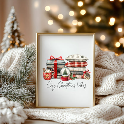 Christmas Print Cosy season Red Black & Green watercolour Wall Art (unframed)