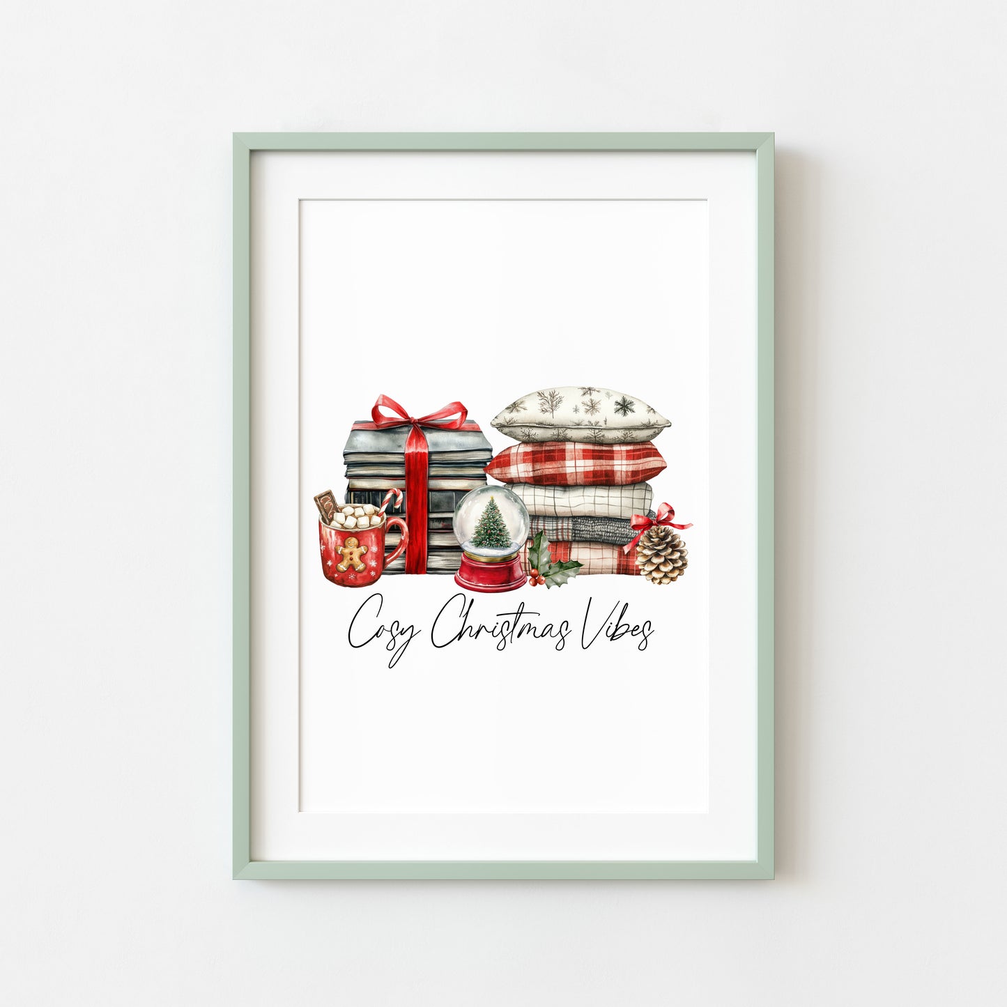 Christmas Print Cosy season Red Black & Green watercolour Wall Art (unframed)