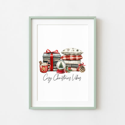 Christmas Print Cosy season Red Black & Green watercolour Wall Art (unframed)
