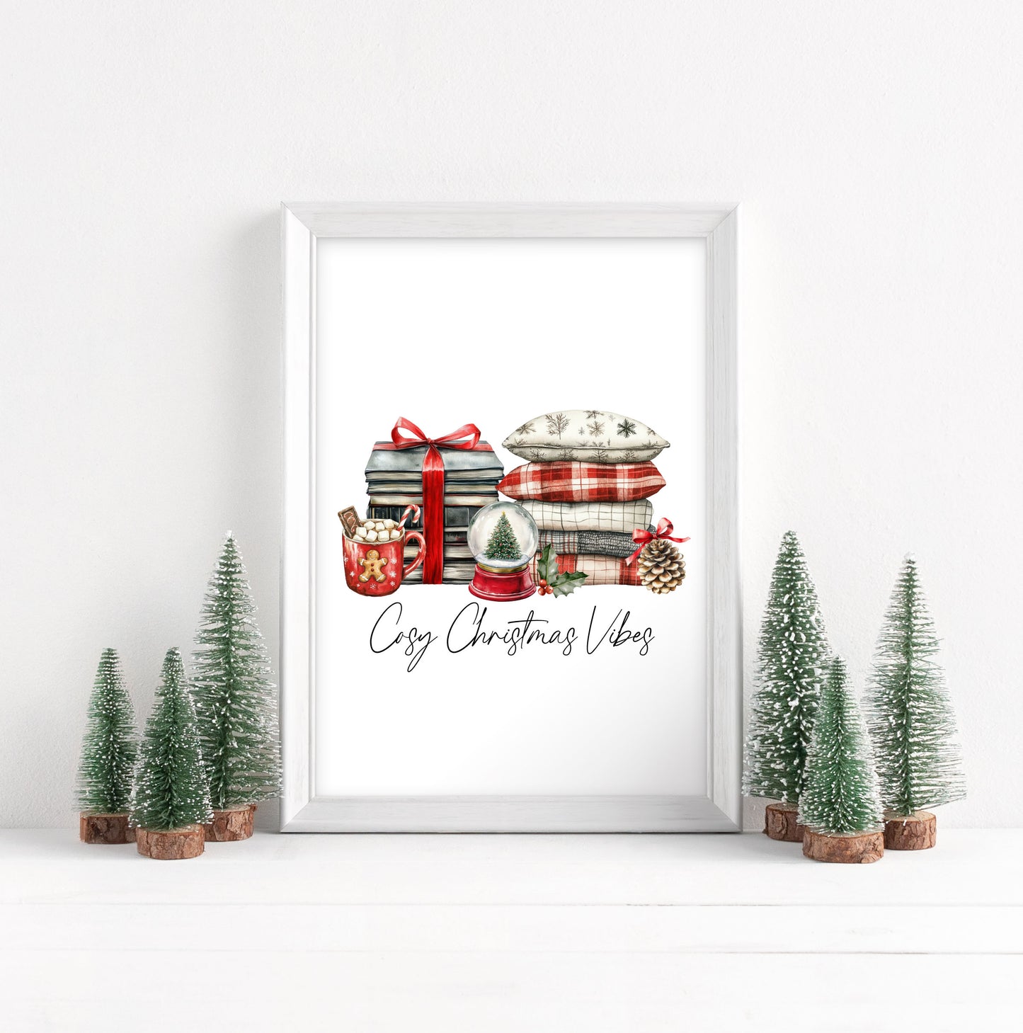 Christmas Print Cosy season Red Black & Green watercolour Wall Art (unframed)