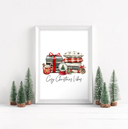 Christmas Print Cosy season Red Black & Green watercolour Wall Art (unframed)