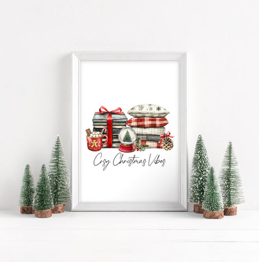 Christmas Print Cosy season Red Black & Green watercolour Wall Art (unframed)